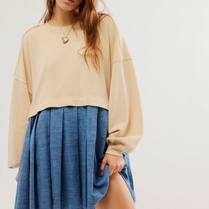 Beige Sweater and Blue Skirt Set